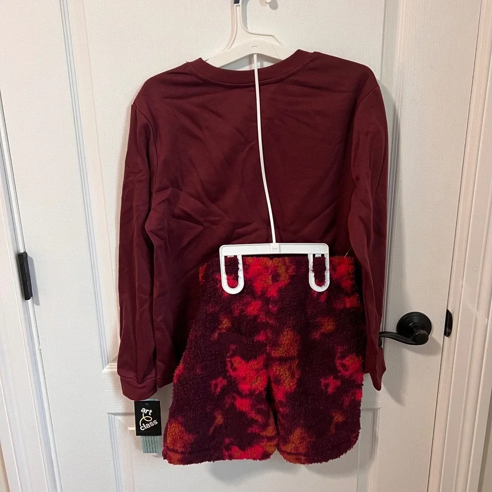 Art Class Girls Burgundy Offline Graphic Fleece Pajama Set L 12 14 Sleepwear NWT